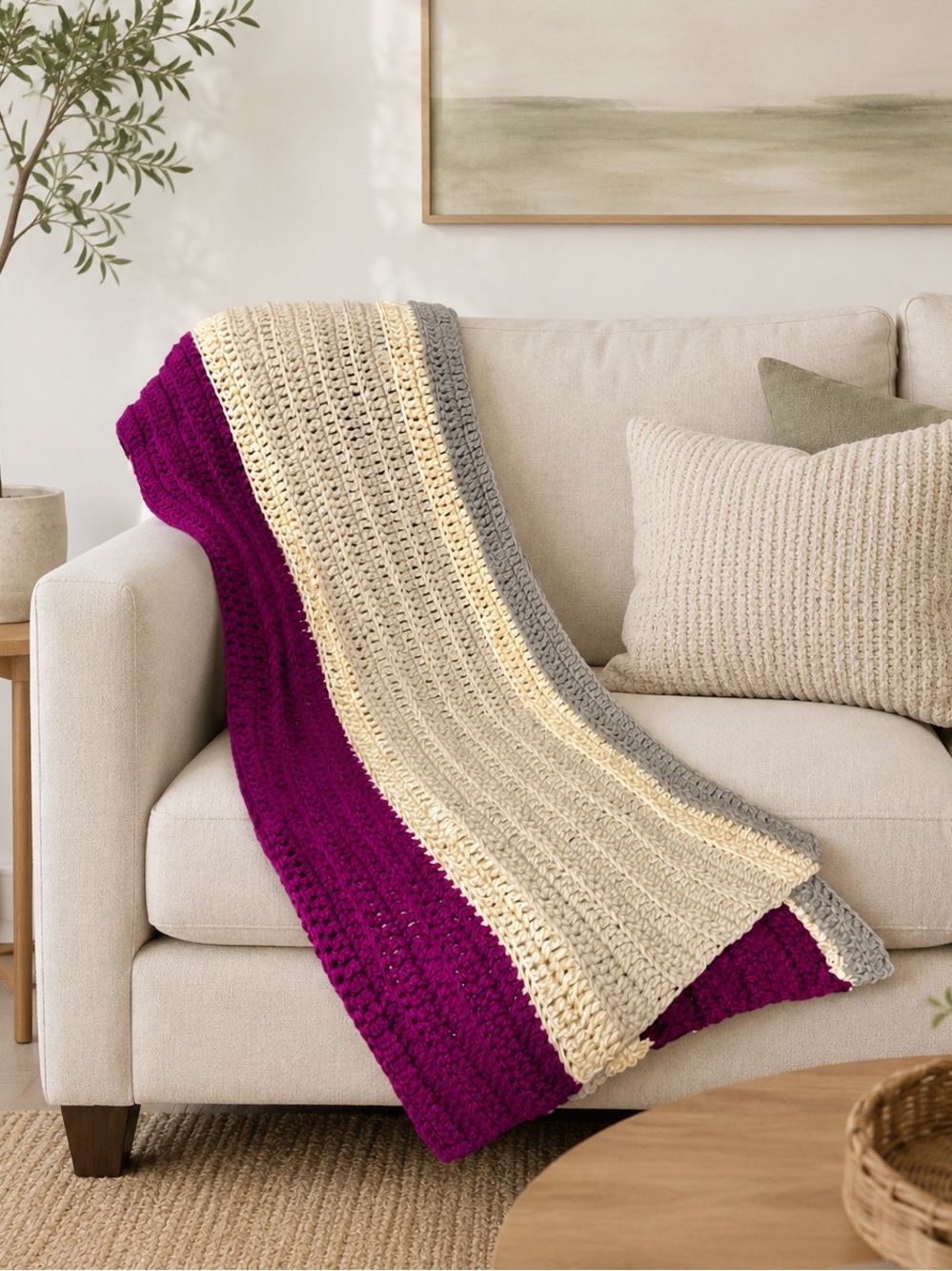 Handmade Crochet Chunky Open Knit Throw Blanket Afghan Grey Magenta Purple Gray